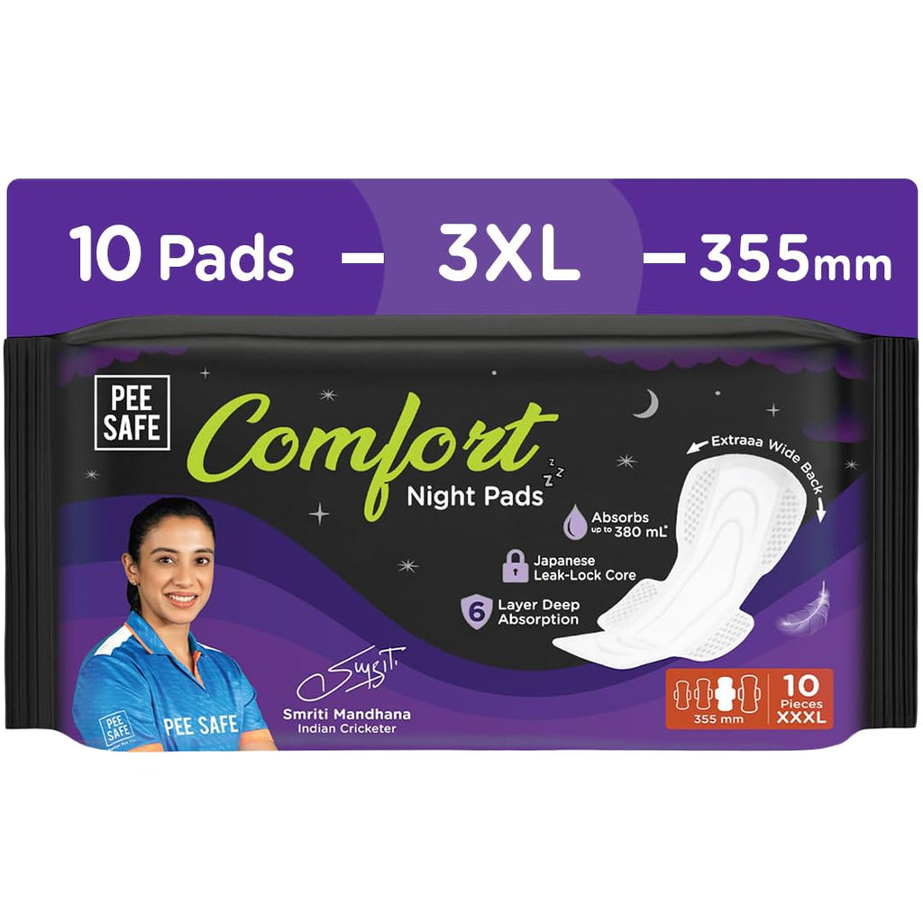Pee Safe Comfort Night Pads XXXL-10 Pads- 355 Mm | 76% Longer | Heavy Flow Nights, Super Soft Topsheet, Dual Wings, Extra Wide Back, Overnight Protection,...