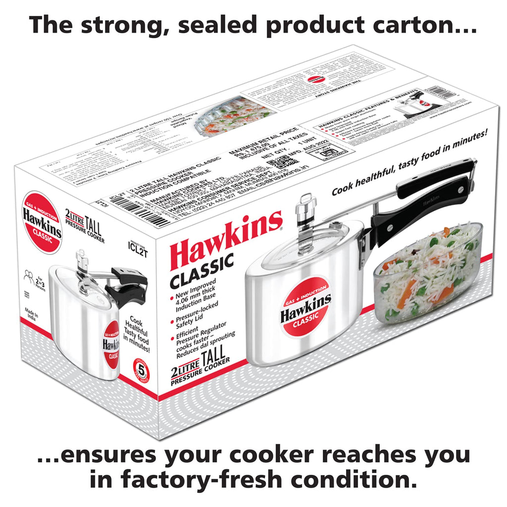 Hawkins Aluminium 2 Litre Classic Pressure Cooker, Tall Design, Induction Inner Lid Cooker, Pan Cooker, Silver (ICL2T)