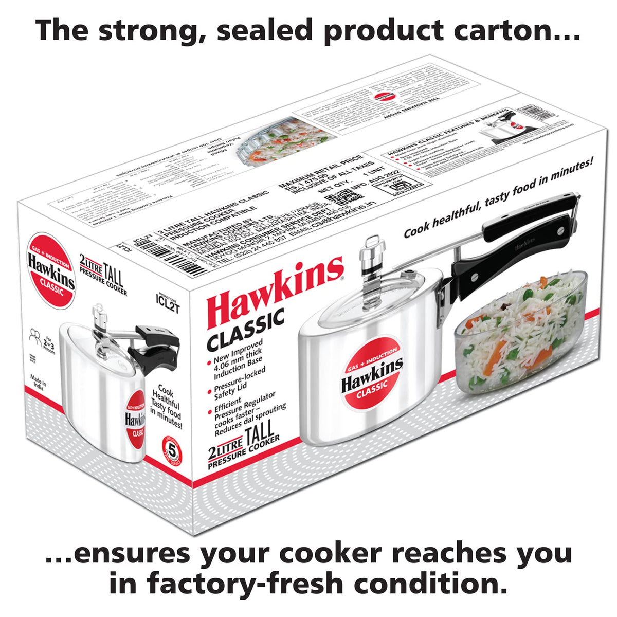 Hawkins Aluminium 2 Litre Classic Pressure Cooker, Tall Design, Induction Inner Lid Cooker, Pan Cooker, Silver (ICL2T)