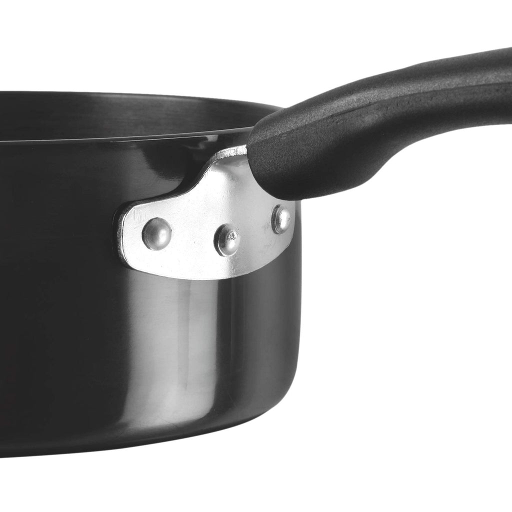 Vinod Black Pearl Hard Anodised Saucepan - 1.7 Litre, 16 cm | 3.25 mm Thick | Easy Pour Spout | Bakelite Handle | Scratch Proof | Induction and Gas Base | 2 Year Warranty