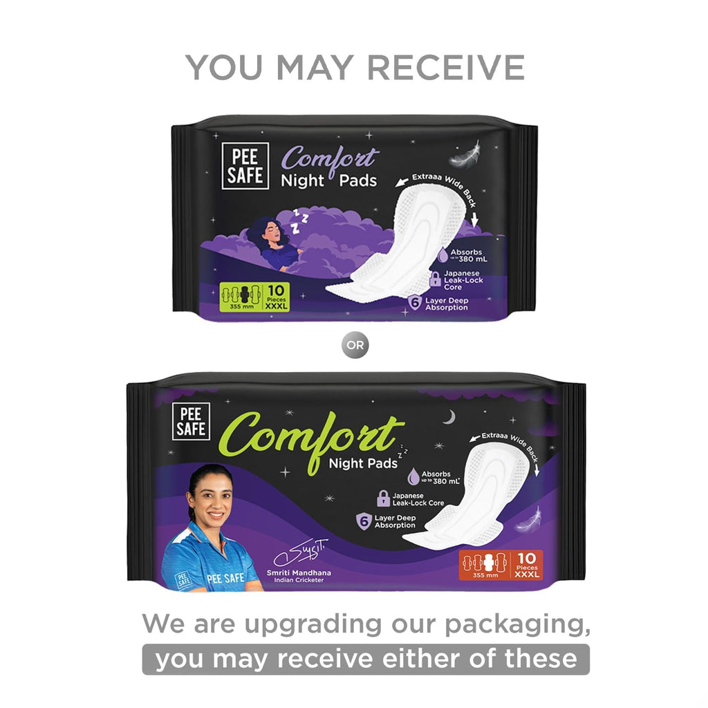 Pee Safe Comfort Night Pads XXXL-10 Pads- 355 Mm | 76% Longer | Heavy Flow Nights, Super Soft Topsheet, Dual Wings, Extra Wide Back, Overnight Protection,...