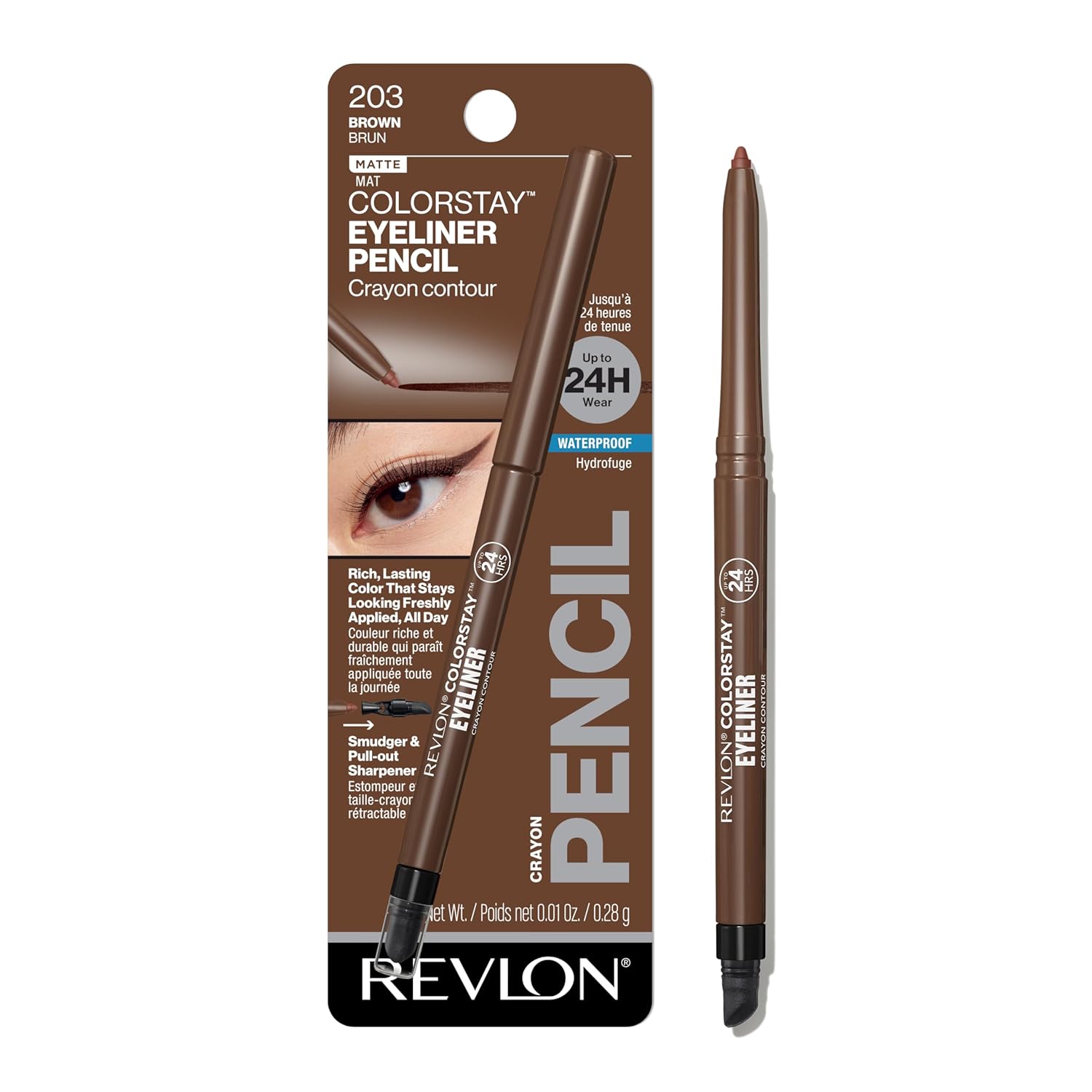 Revlon ColorStay Pencil Waterproof Eyeliner, Smudge-Proof, Eye Makeup with Built-In Sharpener, 203 Brown, 0.28 g
