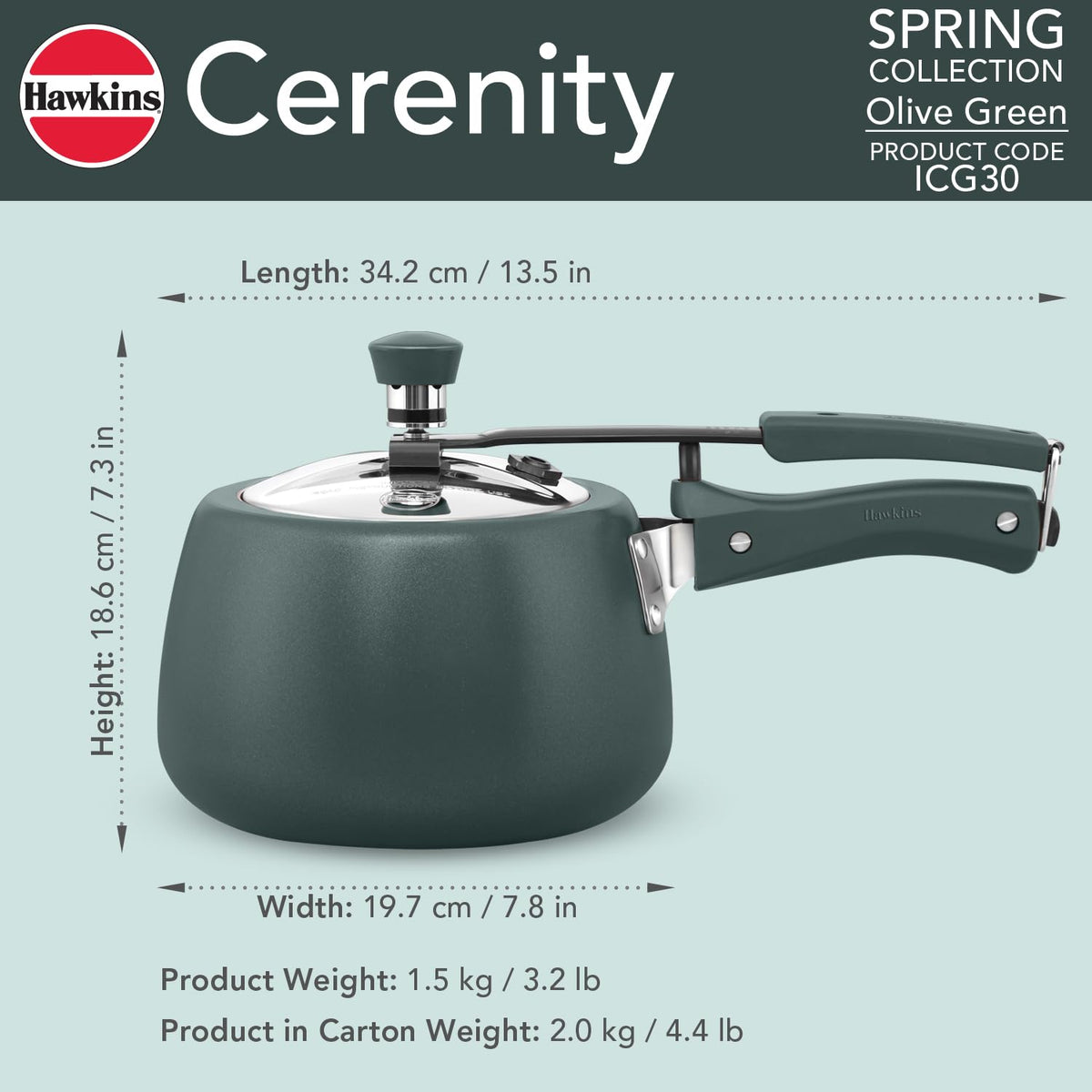 Hawkins Cerenity 3L Pressure Cooker | Ceramic Coated Body | Contura Shaped | Induction & Gas Compatible | Cook Rice, Dal & Curries | ISI Certified |...