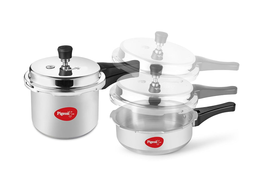 Pigeon by Stovekraft Mini Combi Aluminium Pressure Outer Lid Cooker Set, 2 and 3 Litres with Common Lid (12610) - Silver|Induction and Gas Stove Compatible