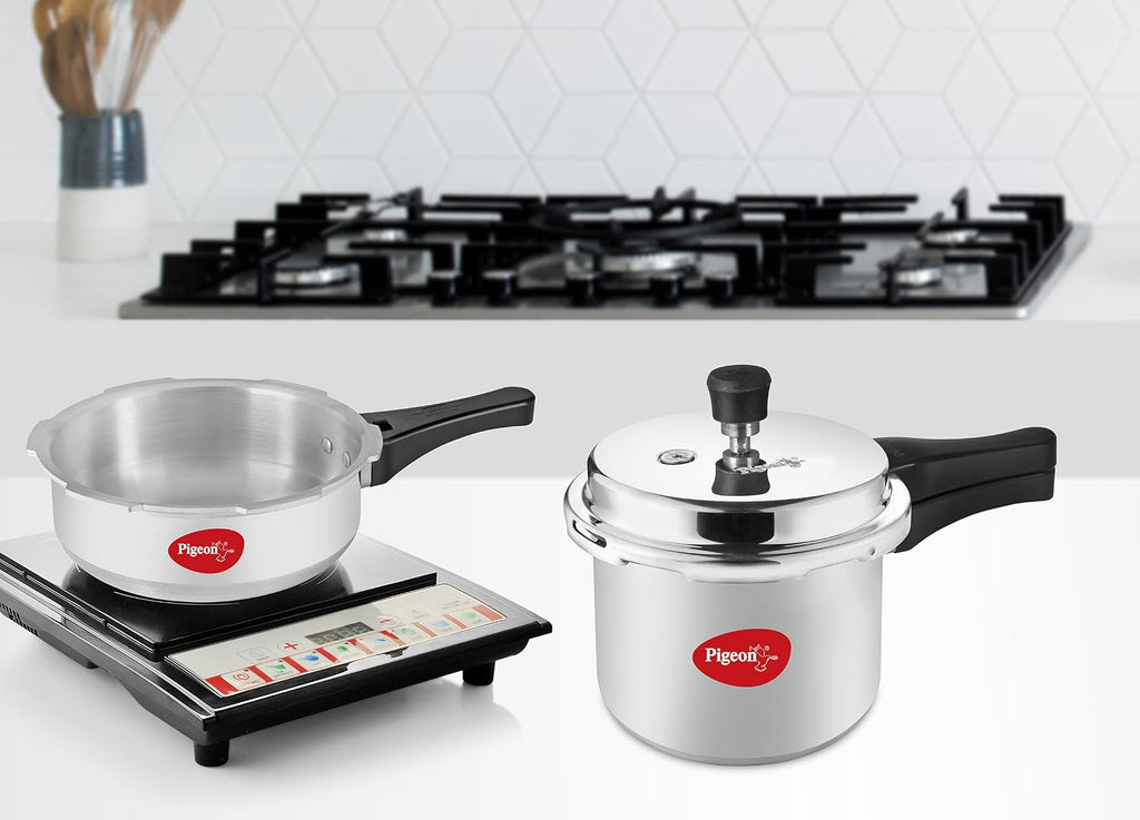 Pigeon by Stovekraft Mini Combi Aluminium Pressure Outer Lid Cooker Set, 2 and 3 Litres with Common Lid (12610) - Silver|Induction and Gas Stove Compatible
