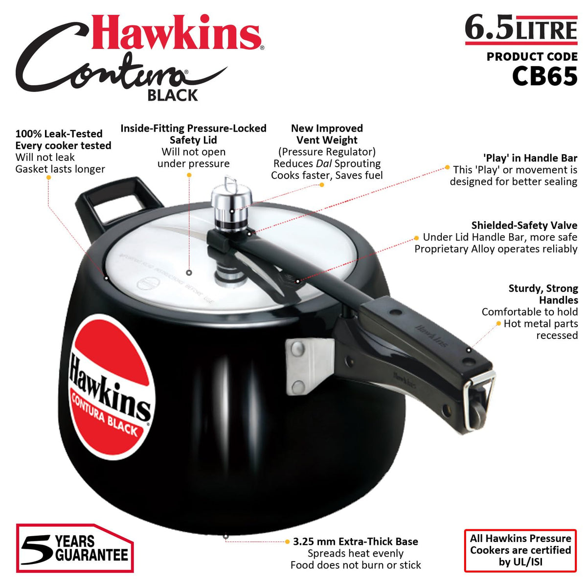 Hawkins 6.5 Litre Contura Black Pressure Cooker, Hard Anodised Inner Lid Cooker, Handi Cooker, Black (CB65) 6.5 Liter