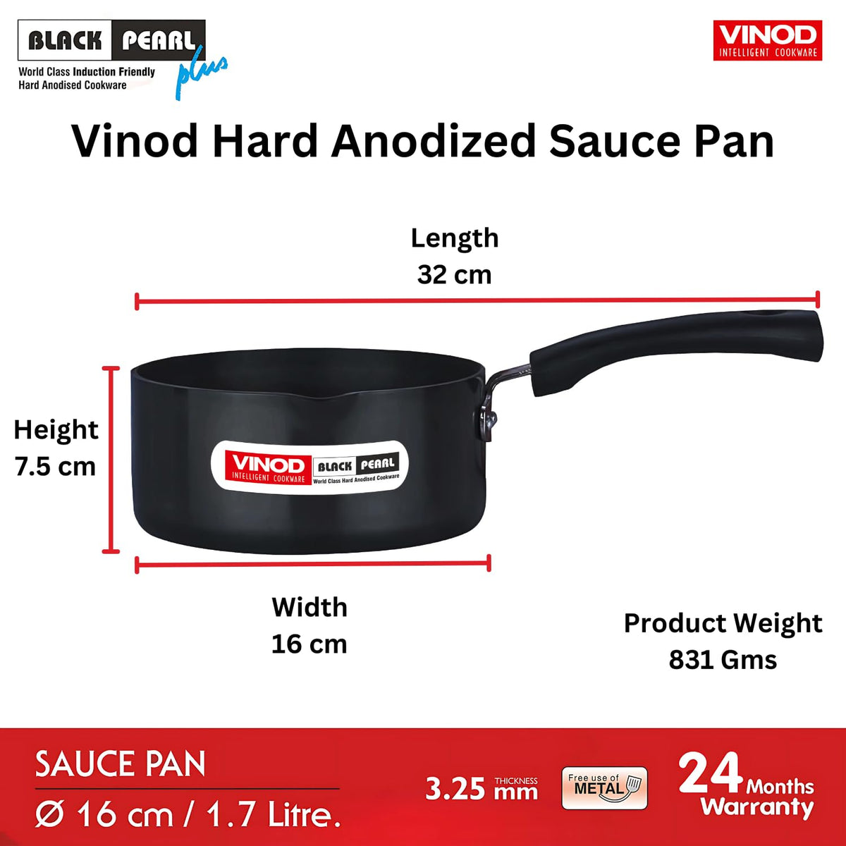 Vinod Black Pearl Hard Anodised Saucepan - 1.7 Litre, 16 cm | 3.25 mm Thick | Easy Pour Spout | Bakelite Handle | Scratch Proof | Induction and Gas Base | 2 Year Warranty