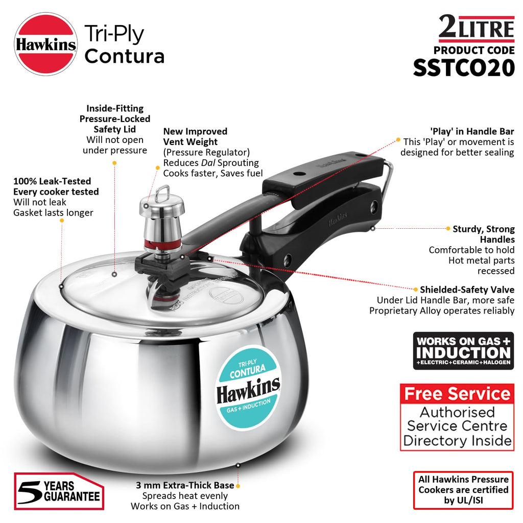 Hawkins 2 Litre Triply Stainless Steel Contura Pressure Cooker | Induction Compatible | Ideal for 2–3 persons | 5 Year Guarantee | ISI Certified | Silver (SSTCO20