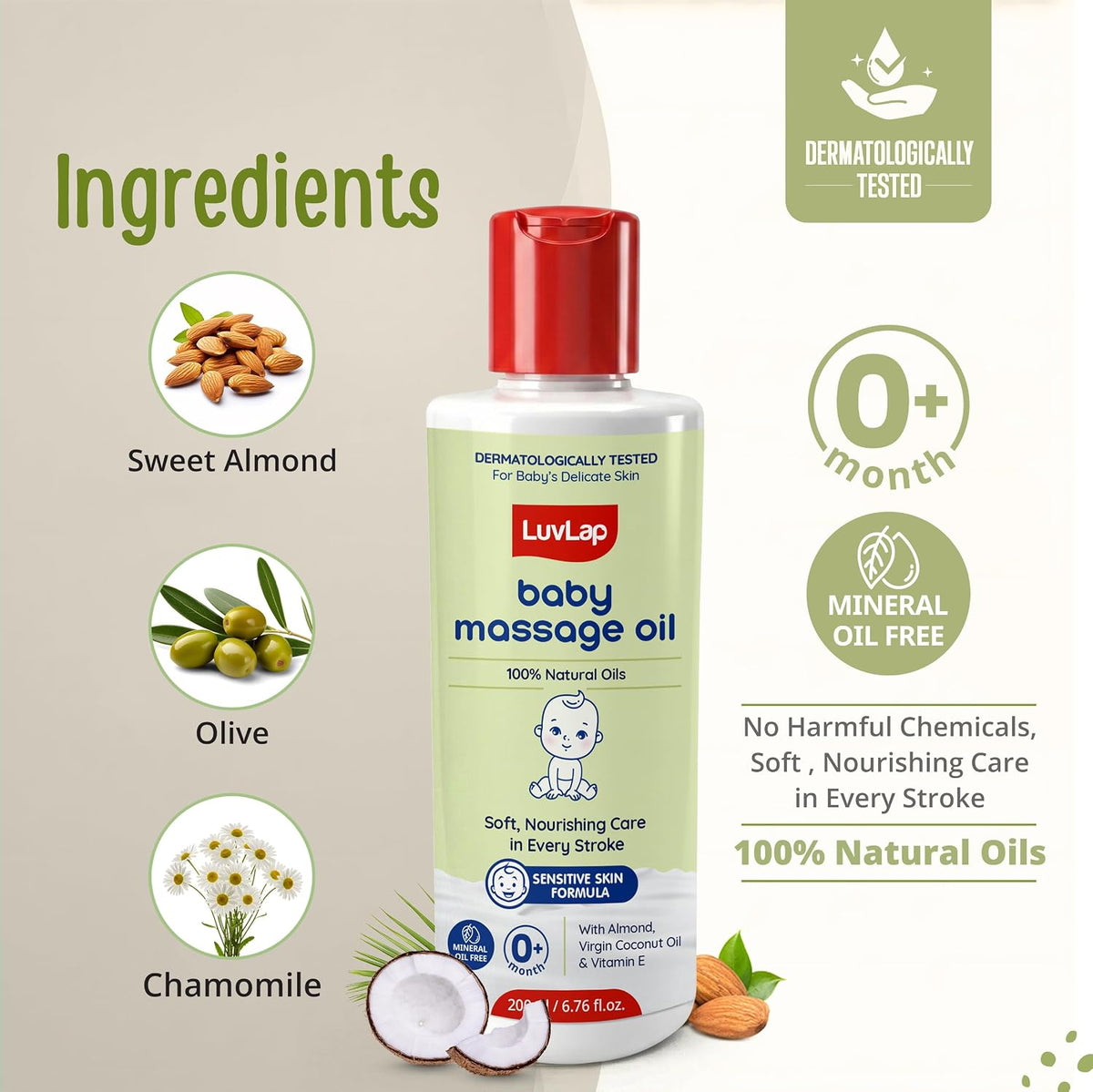 LuvLap Baby Massage Oil with Almond, Virgin Coconut Oil & Vitamin E, Deep Nourishing, Skin Repair & Relaxation, Ayurvedic Non-Sticky Oil for Soft New Born Skin, 100% Natural, Derma Safe, 400ml
