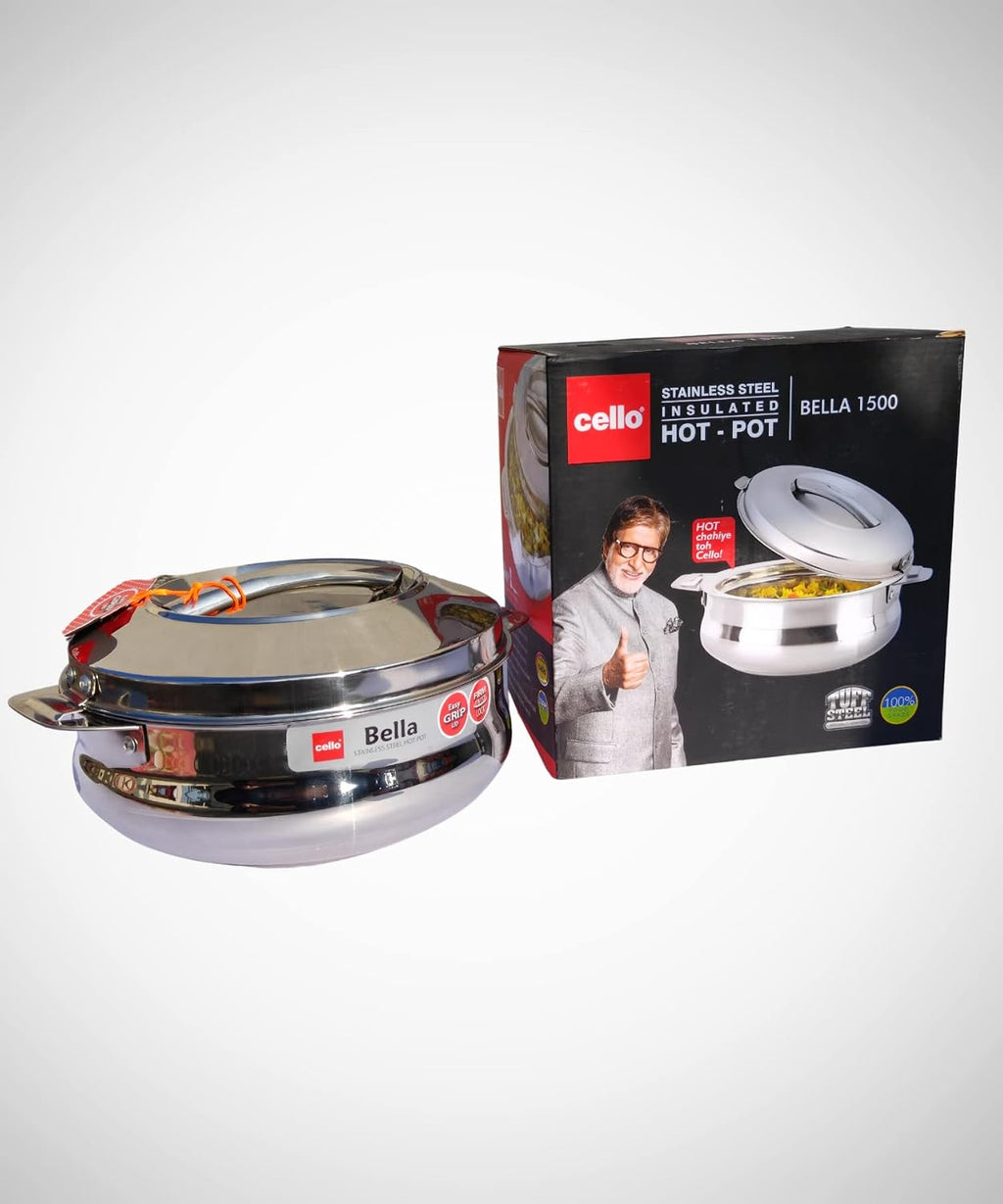 CELLO Bella 1500 Insulated Stainless Steel Casserole Hot Pot Box for Daily Use 1500 ml Silver |