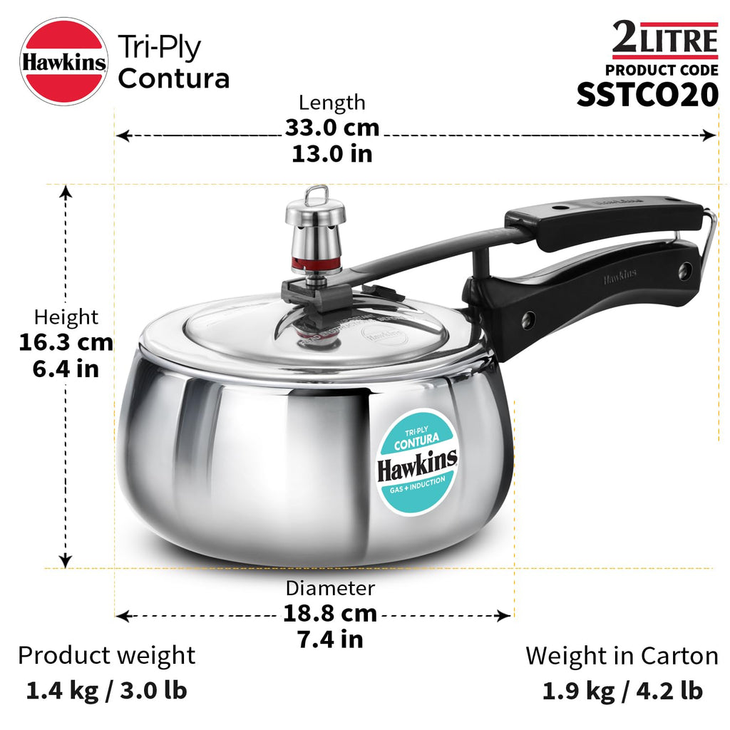 Hawkins 2 Litre Triply Stainless Steel Contura Pressure Cooker | Induction Compatible | Ideal for 2–3 persons | 5 Year Guarantee | ISI Certified | Silver (SSTCO20