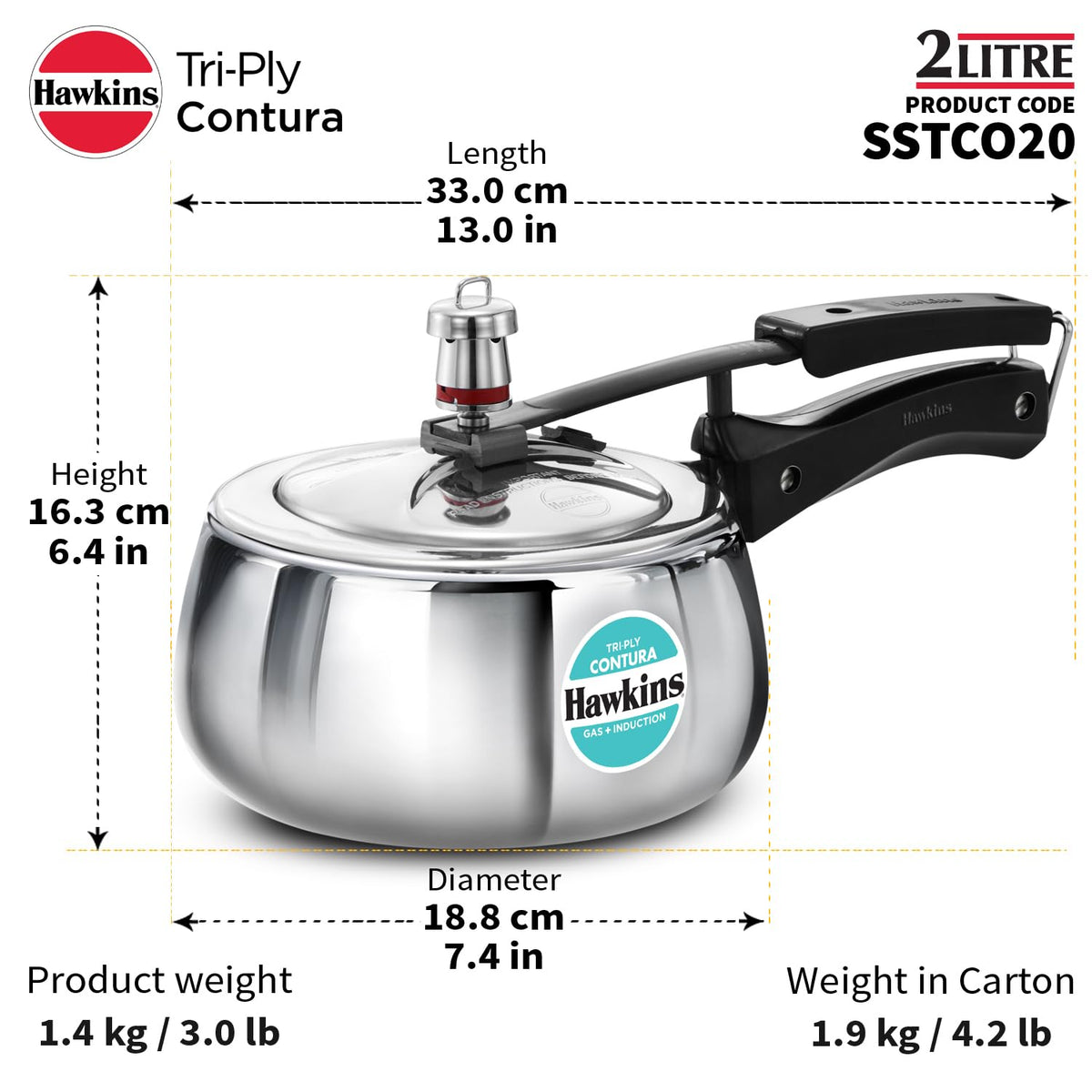 Hawkins 2 Litre Triply Stainless Steel Contura Pressure Cooker | Induction Compatible | Ideal for 2–3 persons | 5 Year Guarantee | ISI Certified | Silver (SSTCO20