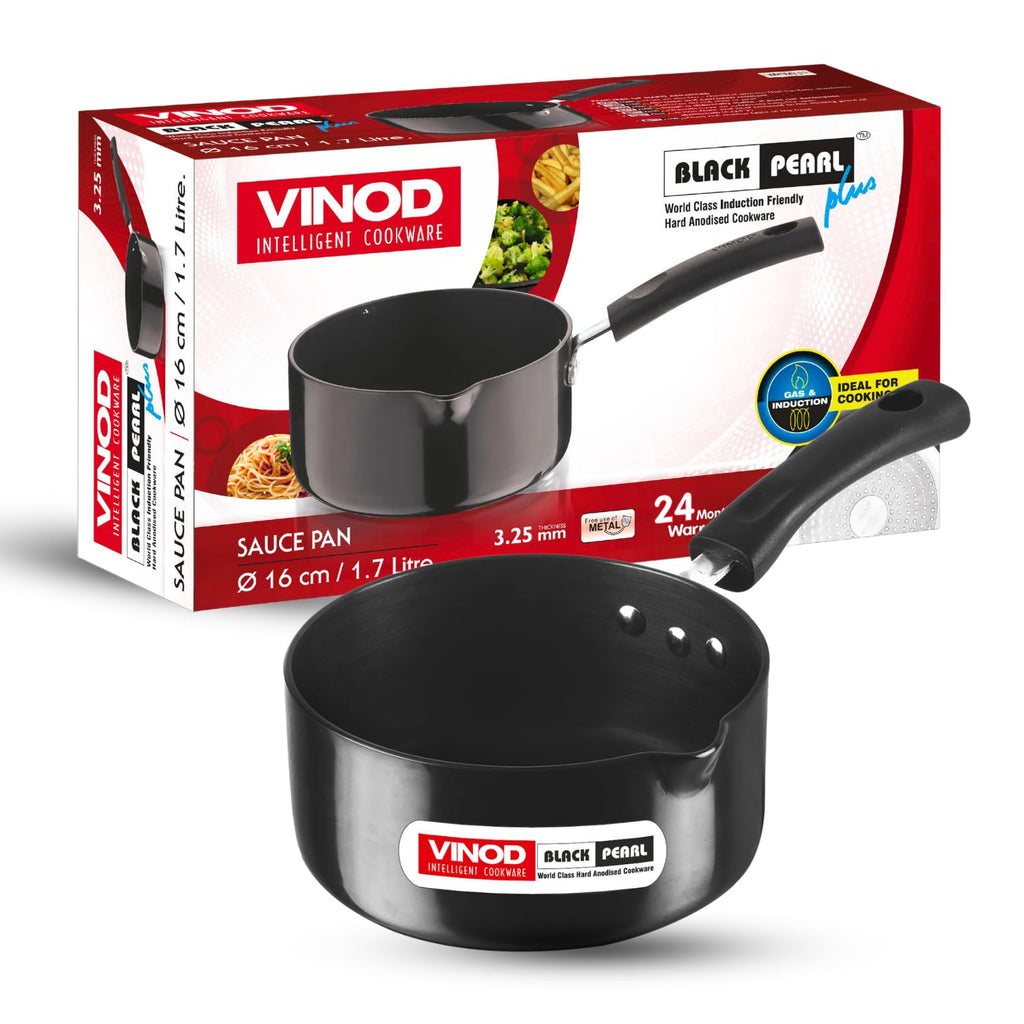 Vinod Black Pearl Hard Anodised Saucepan - 1.7 Litre, 16 cm | 3.25 mm Thick | Easy Pour Spout | Bakelite Handle | Scratch Proof | Induction and Gas Base | 2 Year Warranty