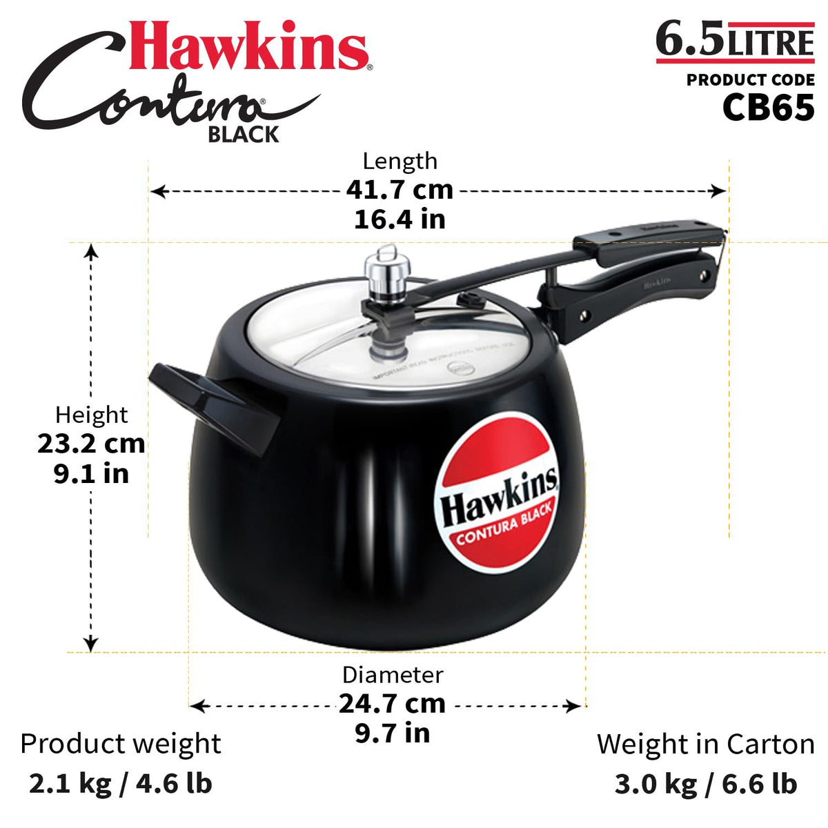 Hawkins 6.5 Litre Contura Black Pressure Cooker, Hard Anodised Inner Lid Cooker, Handi Cooker, Black (CB65) 6.5 Liter