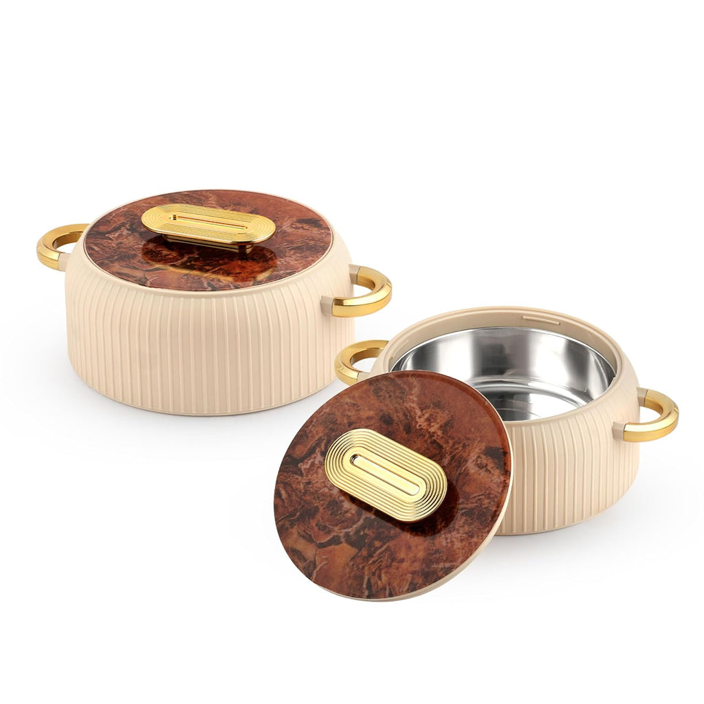 CELLO Castella Insulated Steel Casserole Hot Box Set of 2 Pcs for Kitchen 1000ml Gold Beige |