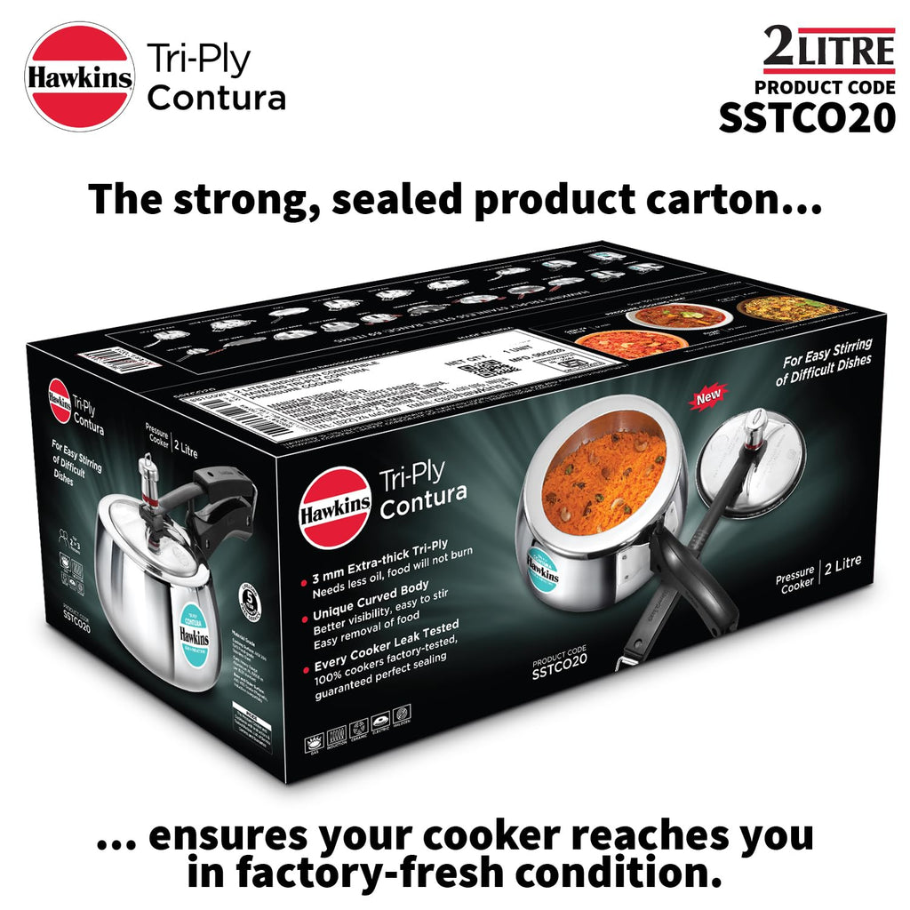 Hawkins 2 Litre Triply Stainless Steel Contura Pressure Cooker | Induction Compatible | Ideal for 2–3 persons | 5 Year Guarantee | ISI Certified | Silver (SSTCO20