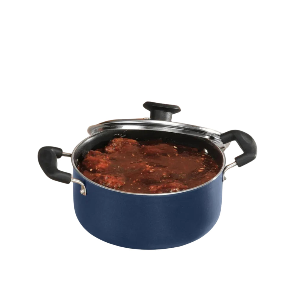 Vinod Zest Non-Stick Deep Saucepot with Glass Lid 5 Litres Capacity (24 cm Diameter) with Riveted Sturdy Bakelite Handles (Gas Stove Compatible) PFOA Free - 3mm Thickness, Blue