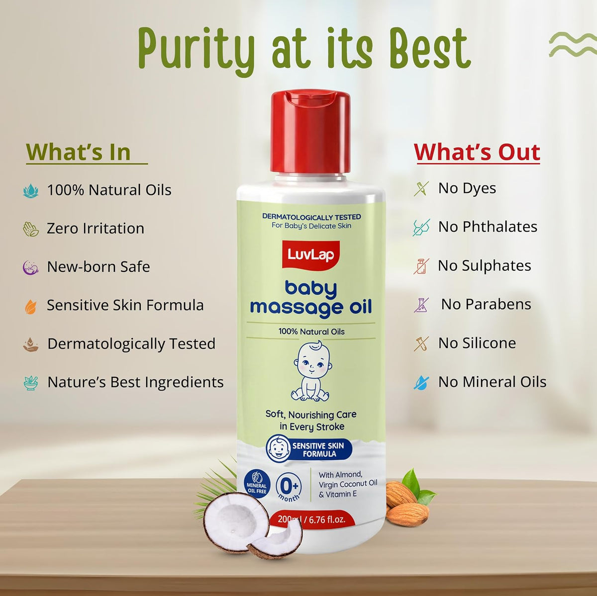 LuvLap Baby Massage Oil with Almond, Virgin Coconut Oil & Vitamin E, Deep Nourishing, Skin Repair & Relaxation, Ayurvedic Non-Sticky Oil for Soft New Born Skin, 100% Natural, Derma Safe, 400ml