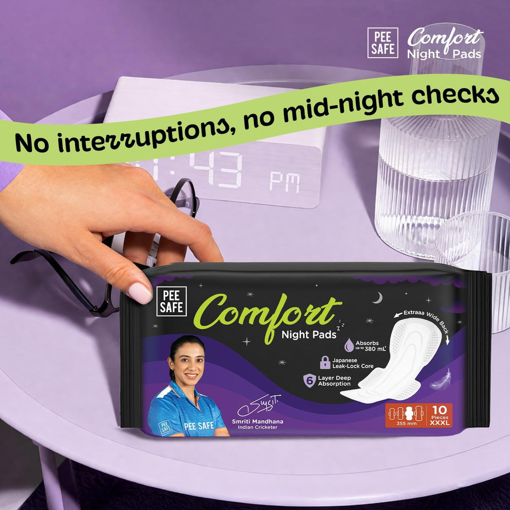 Pee Safe Comfort Night Pads XXXL-10 Pads- 355 Mm | 76% Longer | Heavy Flow Nights, Super Soft Topsheet, Dual Wings, Extra Wide Back, Overnight Protection,...