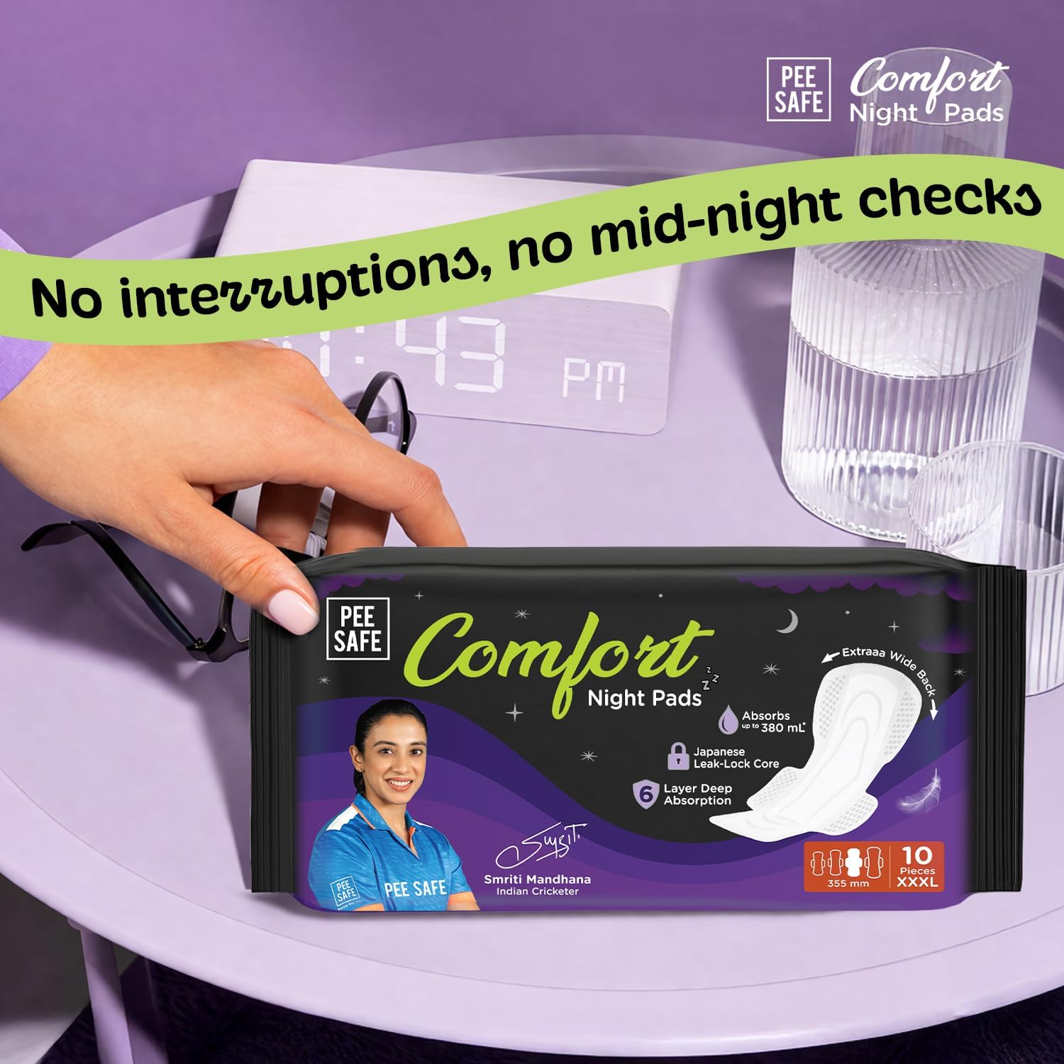 Pee Safe Comfort Night Pads XXXL-10 Pads- 355 Mm | 76% Longer | Heavy Flow Nights, Super Soft Topsheet, Dual Wings, Extra Wide Back, Overnight Protection,...