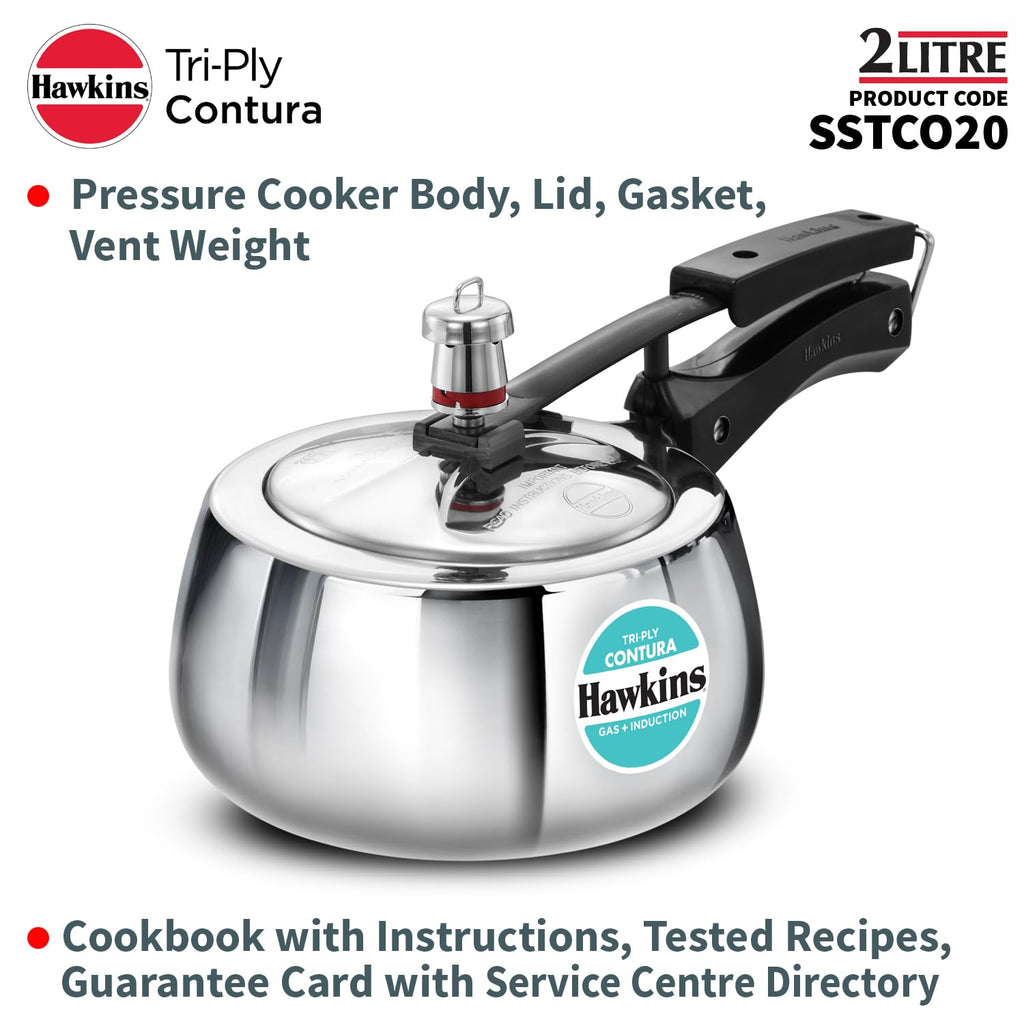 Hawkins 2 Litre Triply Stainless Steel Contura Pressure Cooker | Induction Compatible | Ideal for 2–3 persons | 5 Year Guarantee | ISI Certified | Silver (SSTCO20