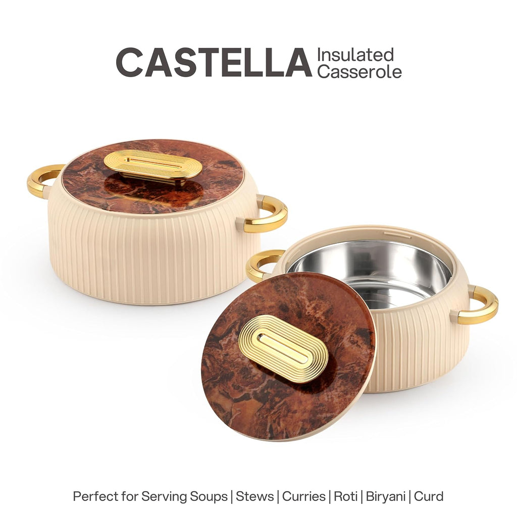 CELLO Castella Insulated Steel Casserole Hot Box Set of 2 Pcs for Kitchen 1000ml Gold Beige |