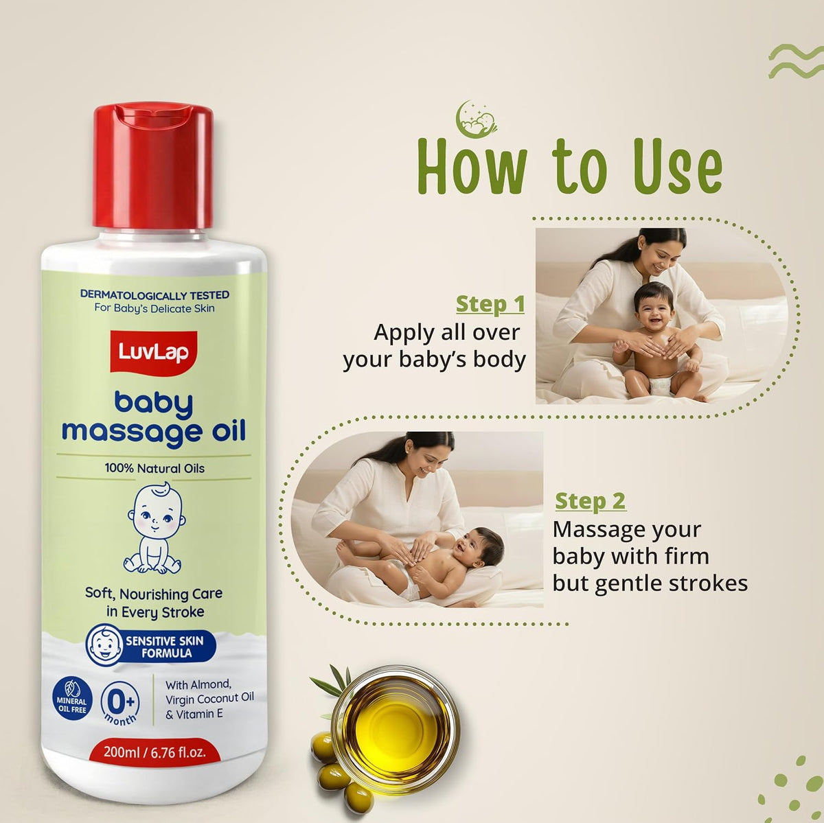LuvLap Baby Massage Oil with Almond, Virgin Coconut Oil & Vitamin E, Deep Nourishing, Skin Repair & Relaxation, Ayurvedic Non-Sticky Oil for Soft New Born Skin, 100% Natural, Derma Safe, 400ml