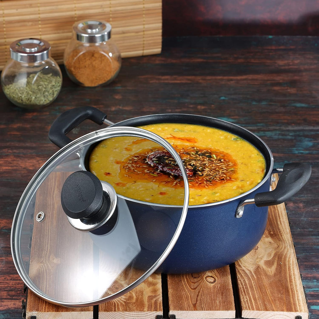 Vinod Zest Non-Stick Deep Saucepot with Glass Lid 5 Litres Capacity (24 cm Diameter) with Riveted Sturdy Bakelite Handles (Gas Stove Compatible) PFOA Free - 3mm Thickness, Blue