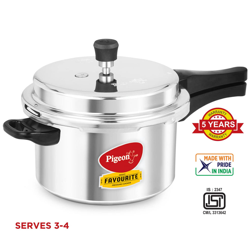 Pigeon by Stovekraft Favourite Non-induction bas Aluminium Pressure Cooker, 5 Litres, Silver