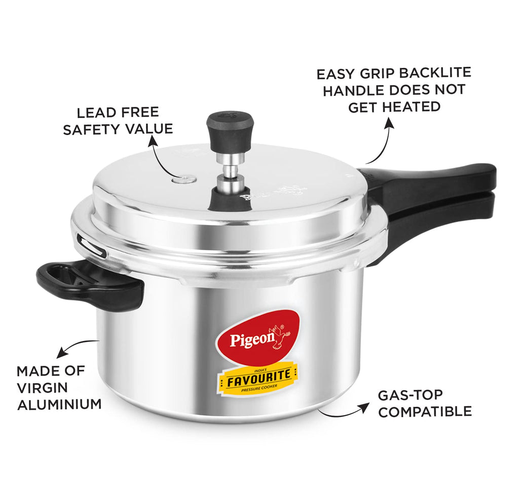 Pigeon by Stovekraft Favourite Non-induction bas Aluminium Pressure Cooker, 5 Litres, Silver