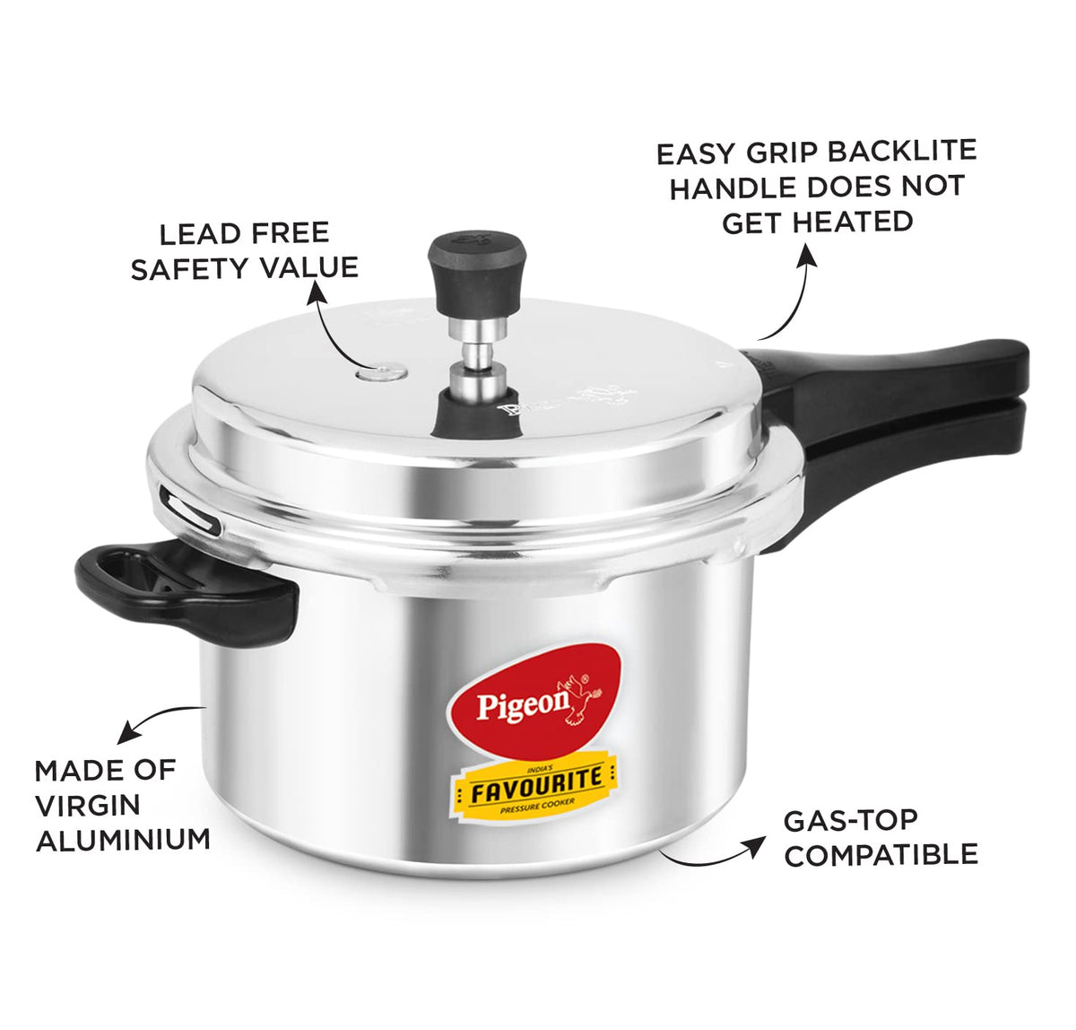 Pigeon by Stovekraft Favourite Non-induction bas Aluminium Pressure Cooker, 5 Litres, Silver