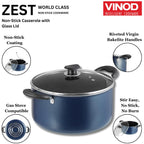Vinod Zest Non-Stick Deep Saucepot with Glass Lid 5 Litres Capacity (24 cm Diameter) with Riveted Sturdy Bakelite Handles (Gas Stove Compatible) PFOA Free - 3mm Thickness, Blue