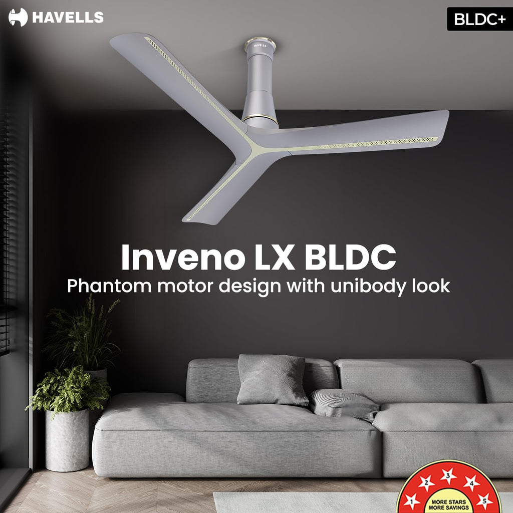 Havells Inveno LX 1200 mm BLDC Ceiling Fan|ABS Aerodyanamic Blades|Telescopic Canopy|Timer, Breeze,Sleep,MOP Modes|Reverse Feature|100% Copper Wire Motor|Free Installation|2 Year Warranty(Matt Mist)