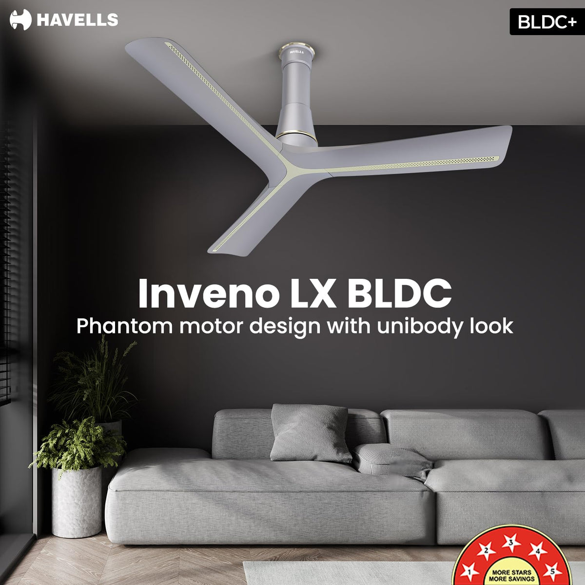 Havells Inveno LX 1200 mm BLDC Ceiling Fan|ABS Aerodyanamic Blades|Telescopic Canopy|Timer, Breeze,Sleep,MOP Modes|Reverse Feature|100% Copper Wire Motor|Free Installation|2 Year Warranty(Matt Mist)