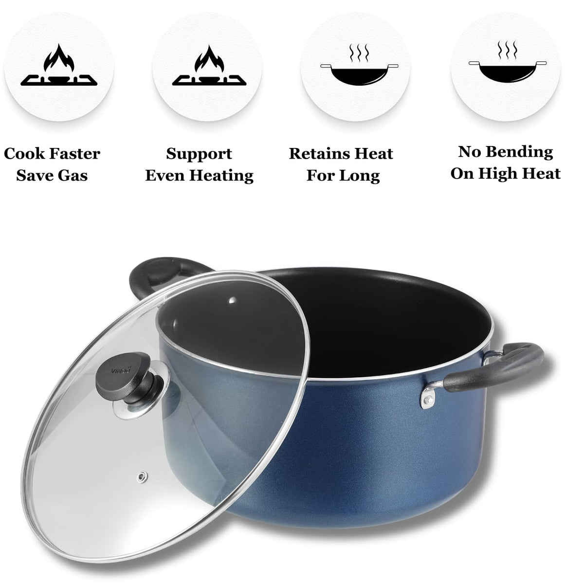 Vinod Zest Non-Stick Deep Saucepot with Glass Lid 5 Litres Capacity (24 cm Diameter) with Riveted Sturdy Bakelite Handles (Gas Stove Compatible) PFOA Free - 3mm Thickness, Blue
