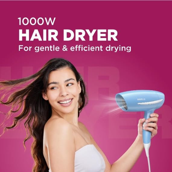 Havells 1000 Watts Hair Dryer, 2 Heat Settings (Hot/Warm), Over Heat Protection | Gentle & Efficient Drying | Style your Hair Perfectly