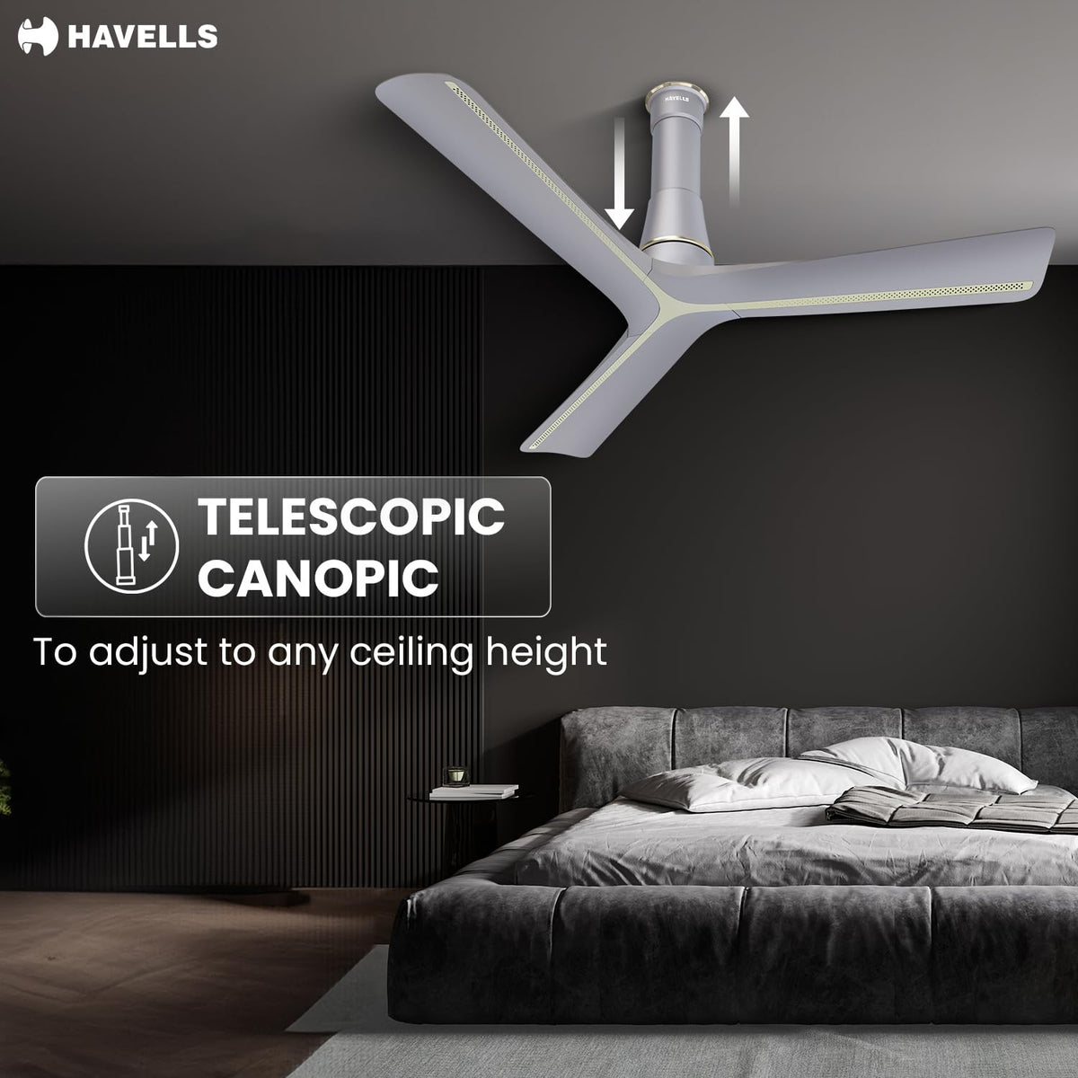 Havells Inveno LX 1200 mm BLDC Ceiling Fan|ABS Aerodyanamic Blades|Telescopic Canopy|Timer, Breeze,Sleep,MOP Modes|Reverse Feature|100% Copper Wire Motor|Free Installation|2 Year Warranty(Matt Mist)