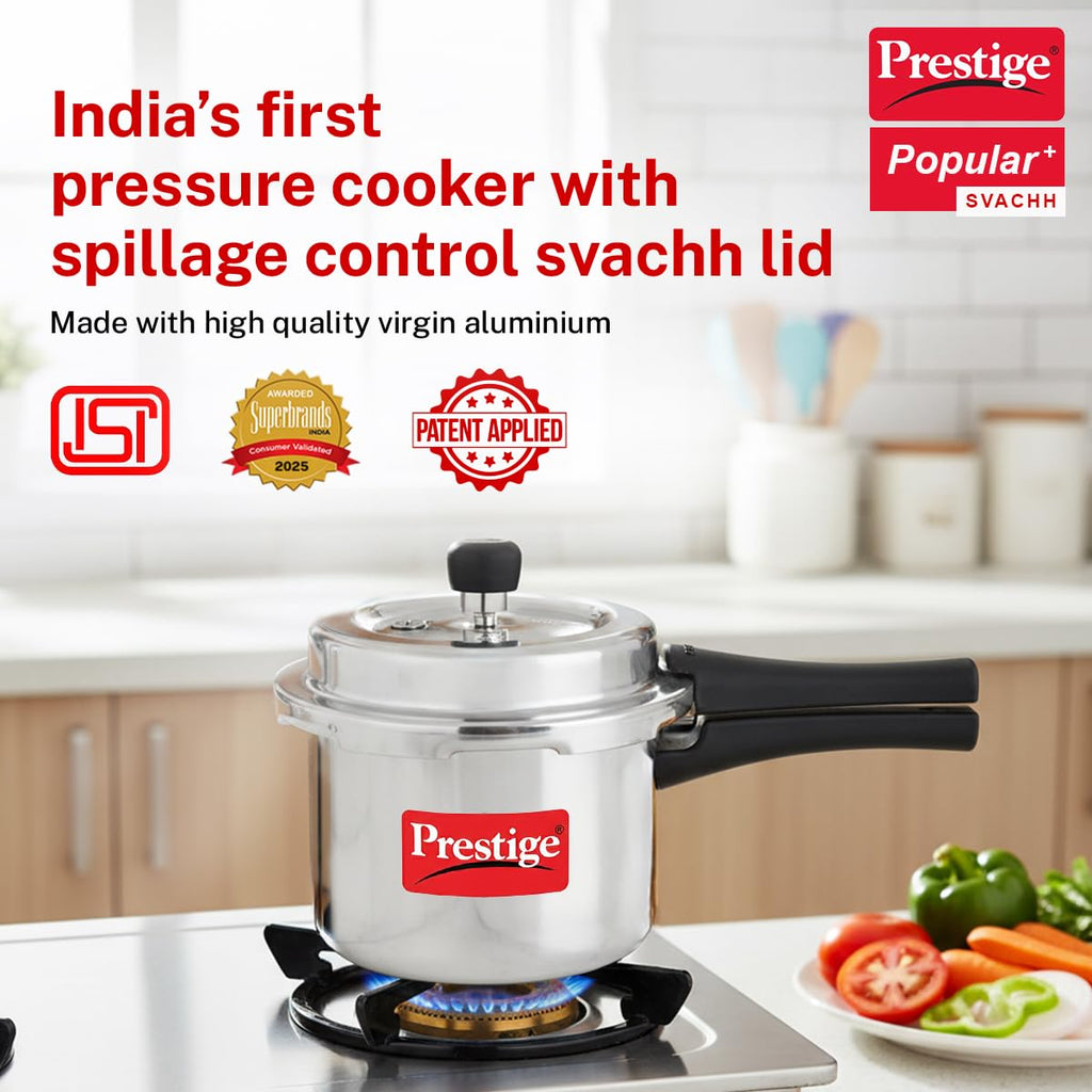 Prestige 3 Litre Aluminium Popular Plus Svachh Outerlid Pressure Cooker|Deep Lid for spillage Control|Virgin Aluminium|Gas & Induction Compatible|Gasket Release System|5 years warranty|ISI Certified
