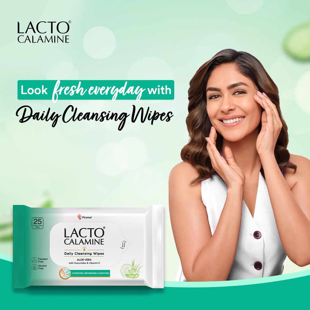 Lacto Calamine Daily Cleansing Face Wipes 25N Each - Pack of 2 | Makeup Remover Wipes | Wet Tissue for Face with Aloe Vera, Cucumber & Vitamin E | Wet..