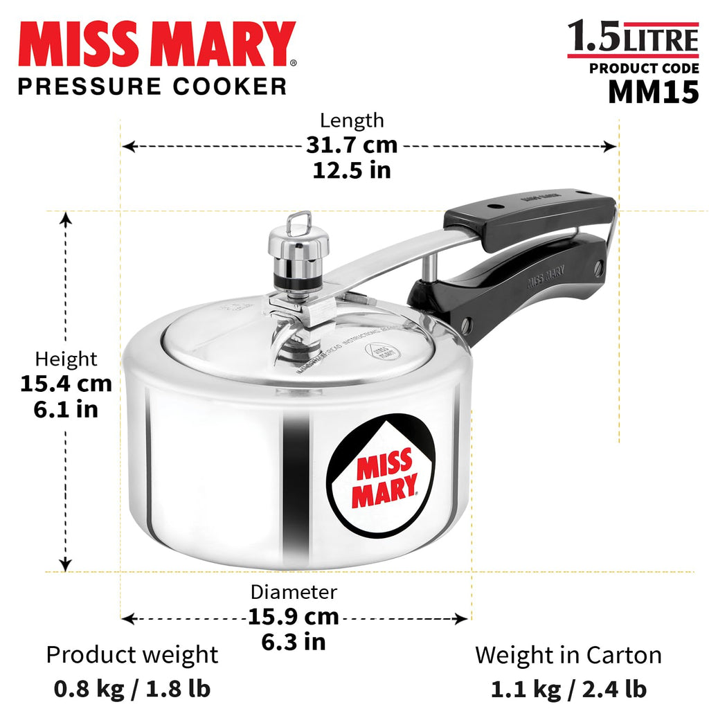 Hawkins 1.5 Litre Miss Mary Pressure Cooker, Small Inner Lid Baby Cooker, Silver (MM15)