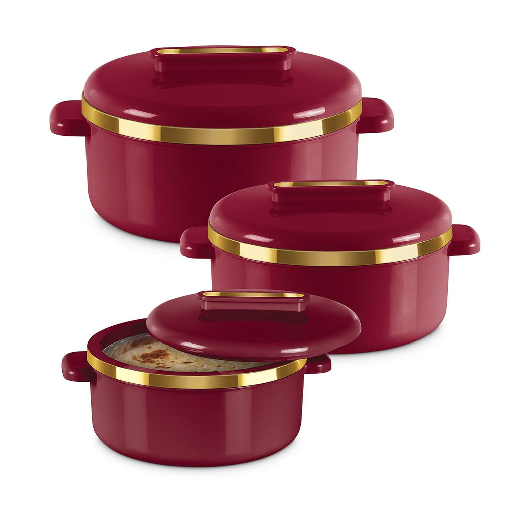MILTON Curve Inner Stainless Steel Casserole Set of 3 (840 ml, 1300 ml, 1880 ml), Maroon | BPA Free | Food Grade |