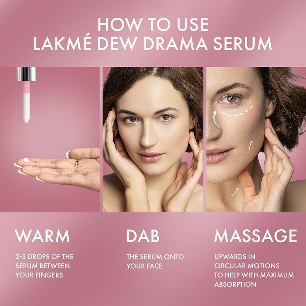 Lakme Dew Drama Serum, 6% Vit B3, E, F & Pro-Ceramides for Skin Barrier & Dewy Radiance 30ml