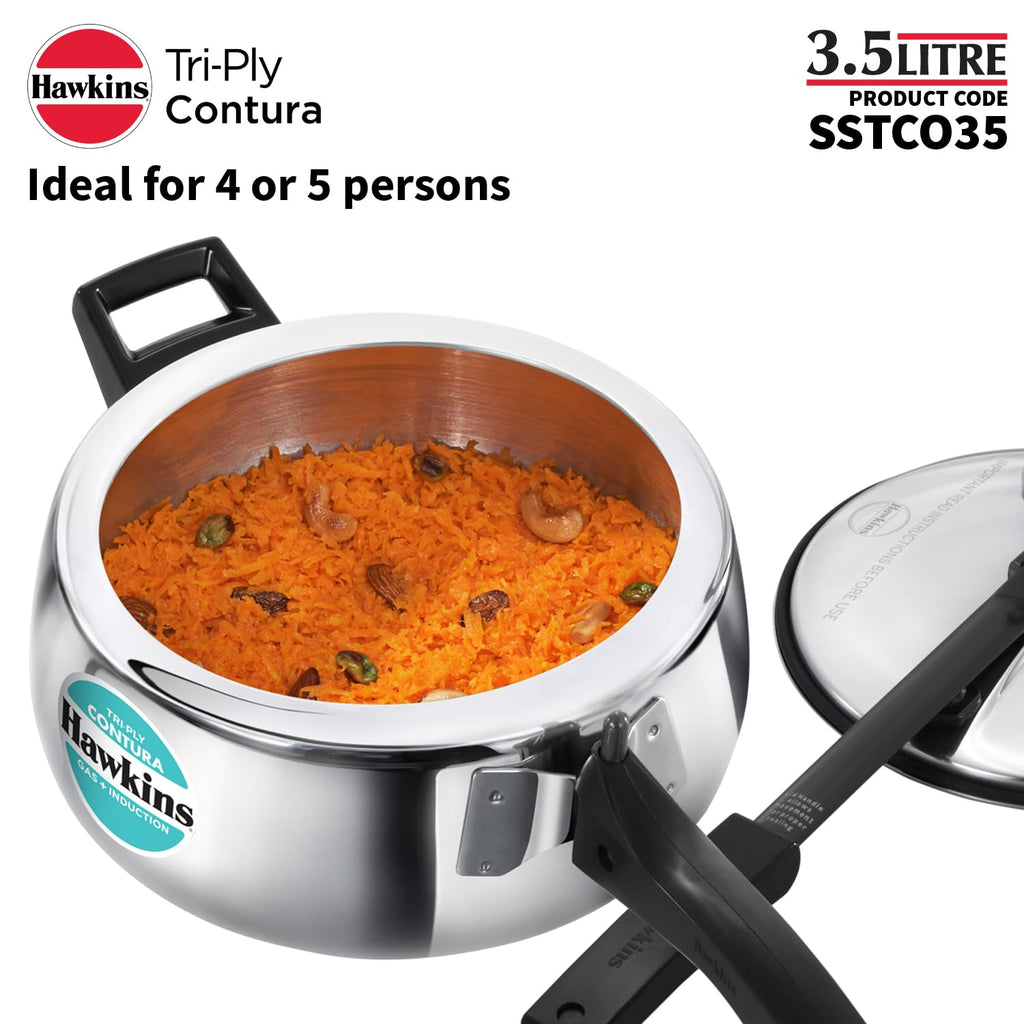 Hawkins Contura 3.5 Litre Triply Stainless Steel Pressure Cooker | Curved Body | Induction & Gas Compatible | Ideal for 4–5 persons | ISI Certified |..