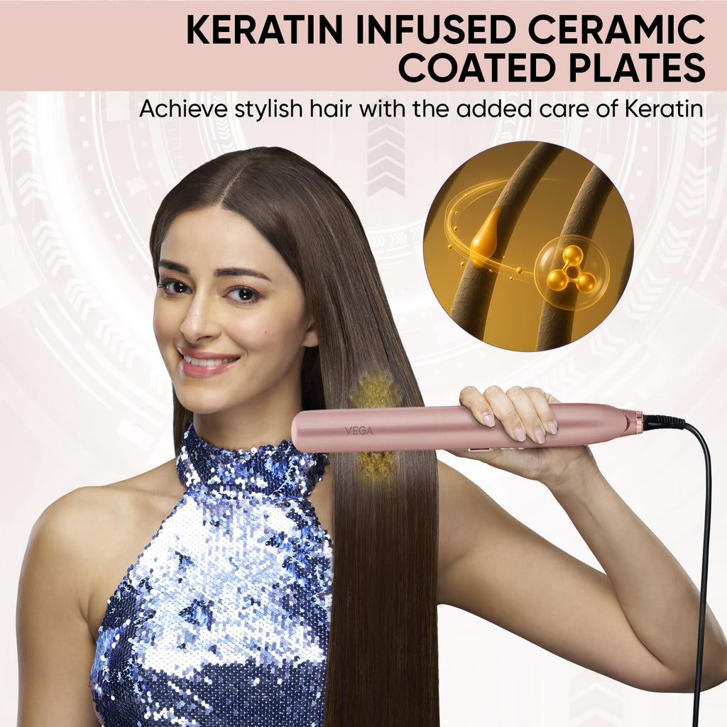 Vega Glam Glitz 2 In 1 Hair Styler, Straightener & Crimper with Keratin Infused Ceramic Coated Plates & 5