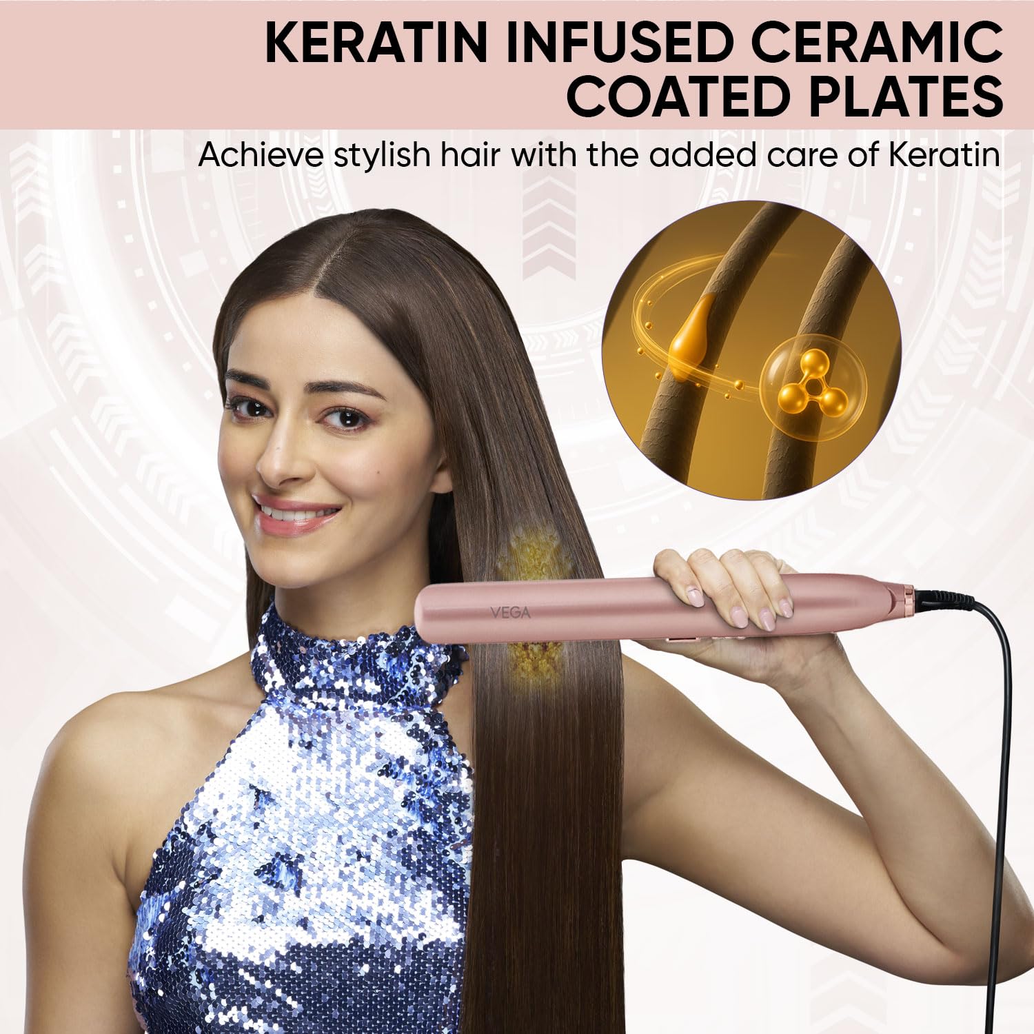 Vega Glam Glitz 2 In 1 Hair Styler, Straightener & Crimper with Keratin Infused Ceramic Coated Plates & 5