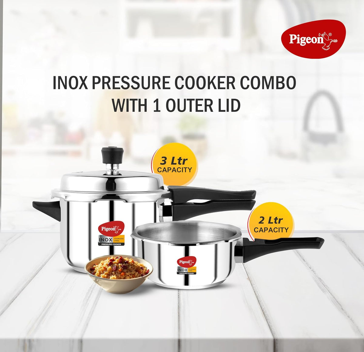 Pigeon by Stovekraft Stainless Steel Pressure Cooker Combo with Induction Base, Outer Lid 2 Liter and 3 Liter - 12710 (Silver)