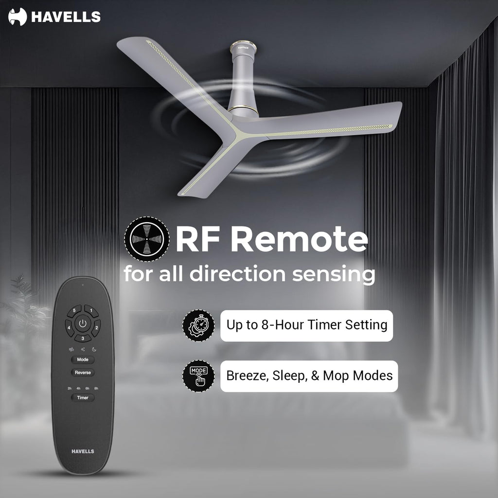 Havells Inveno LX 1200 mm BLDC Ceiling Fan|ABS Aerodyanamic Blades|Telescopic Canopy|Timer, Breeze,Sleep,MOP Modes|Reverse Feature|100% Copper Wire Motor|Free Installation|2 Year Warranty(Matt Mist)