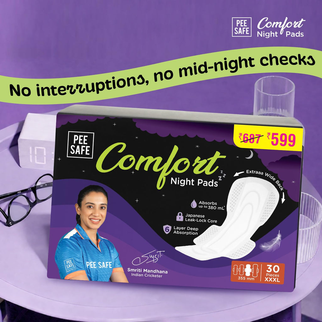 Pee Safe Comfort Night Pads XXXL-30 Pads - 355Mm | 76% Longer | Heavy Flow Nights, Super Soft Topsheet, Dual Wings, Wider Back, Overnight Protection, Leak...