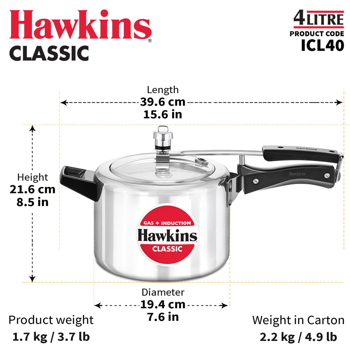 Hawkins Aluminium 4 Litre Classic Pressure Cooker, Induction Inner Lid Cooker, Silver (Icl40)
