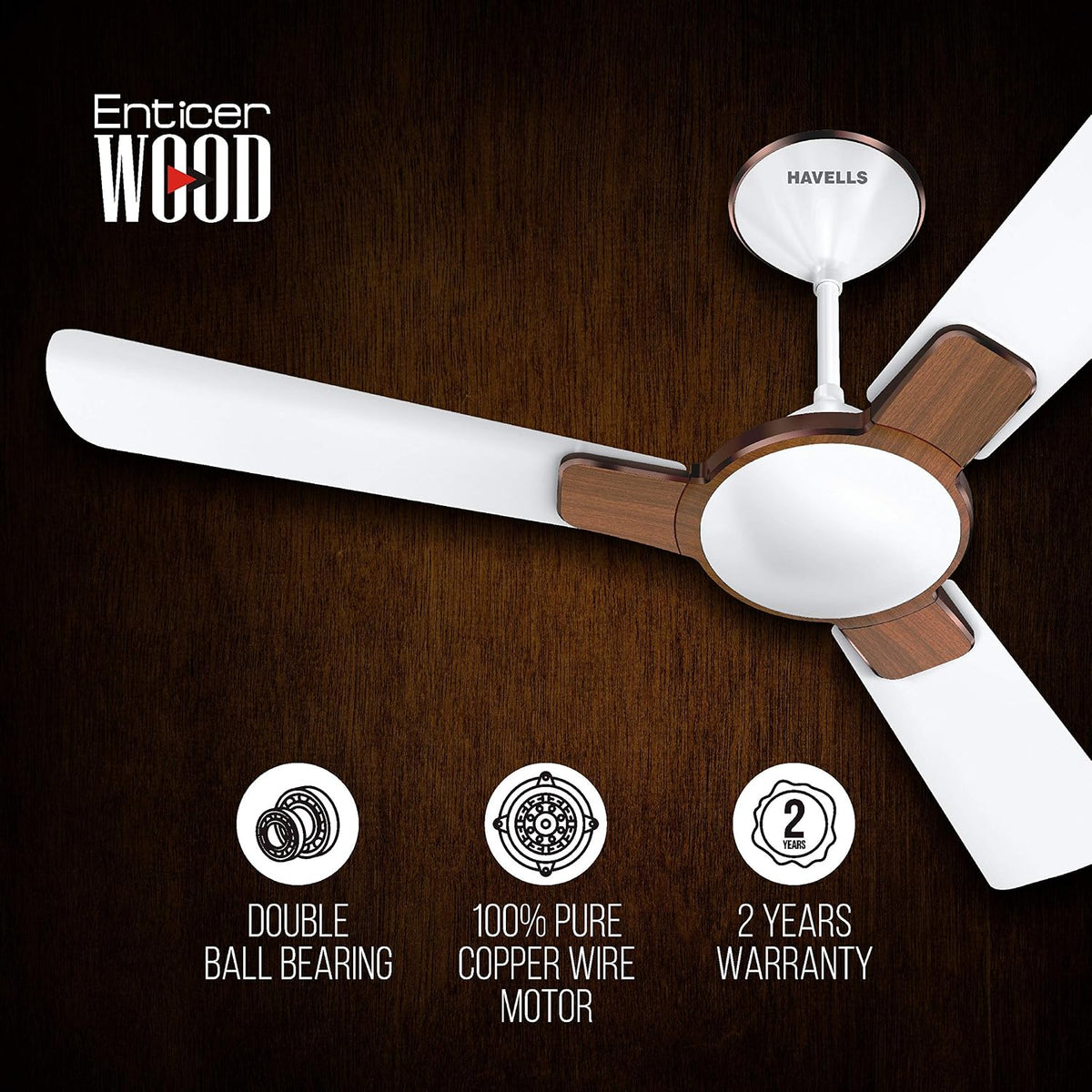 Havells Enticer 1200mm Decorative, Dust Resistant, High Power in Low Voltage (HPLV), High Speed Ceiling Fan (Rosewood)